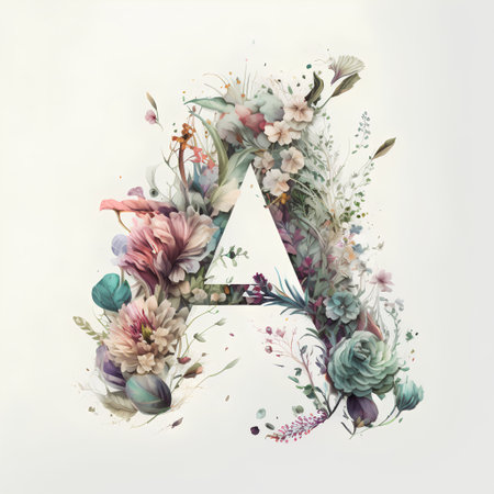 Letter A with watercolor flowers, leaves and branches. Floral font.の素材