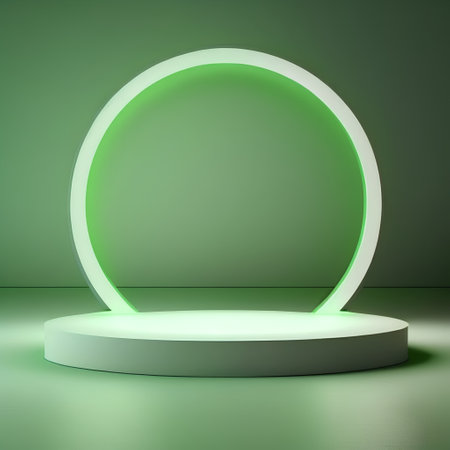 Abstract scene podium illuminated by neon light. 3d render illustration.の素材