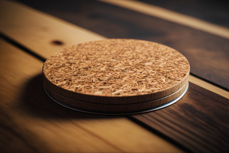 Wooden round box with cork on a wooden background. Selective focus. Toned.の素材