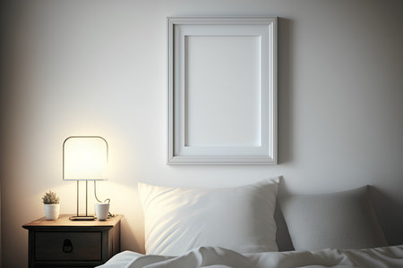 Mock up poster frame in bedroom interior background, 3d renderの素材