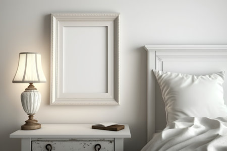 Mock up poster frame in bedroom interior background. 3d renderの素材