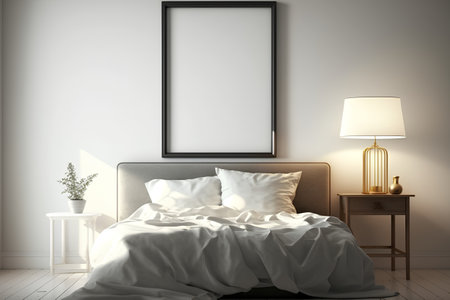 Mock up poster frame in bedroom interior background, 3d renderの素材