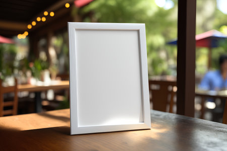 Blank picture frame on wooden table in coffee shop, mockupの素材