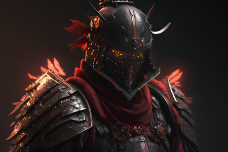 Medieval knight in armor with helmet and red scarf on dark backgroundの素材