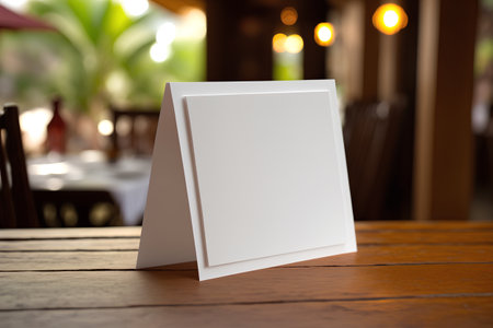 Blank picture frame on wooden table in coffee shop, stock photoの素材