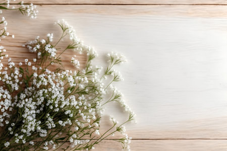White gypsophila flowers on wooden background. Flat lay, top viewの素材