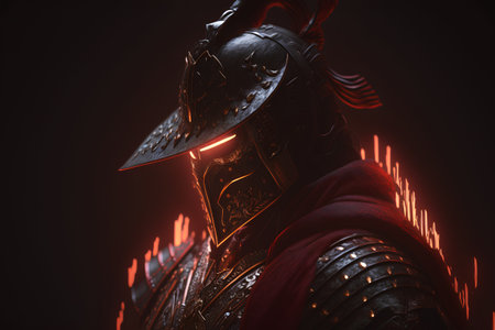 Knight in armor on a dark background. The concept of the fight of warriors.の素材