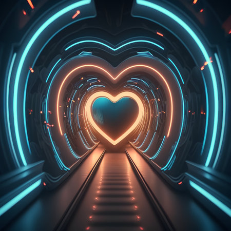 futuristic tunnel corridor with glowing heart 3d rendering graphic backgroundの素材
