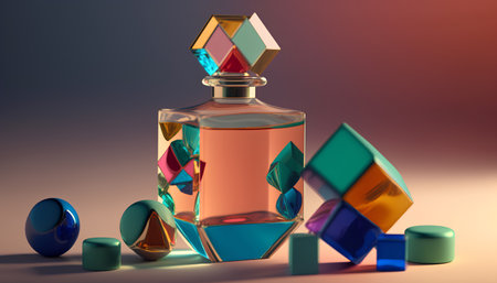 Perfume bottle with colorful glass cubes. 3d illustration.の素材
