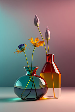 Three vases with flowers on a light background. 3d renderingの素材