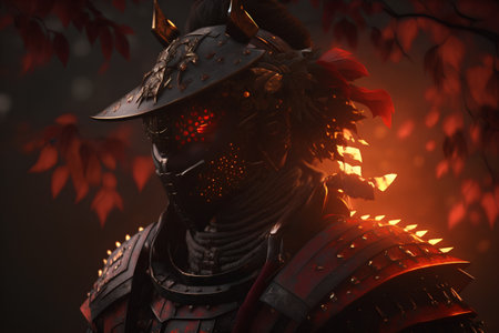 Knight in armor on a dark background with red leaves. Fantasy.の素材