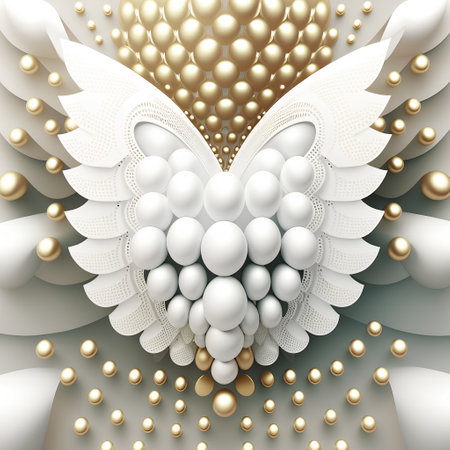 3d illustration, abstract background, white heart with golden pearlsの素材