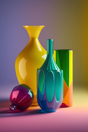 Colorful vases on purple background. 3d render illustration.の素材