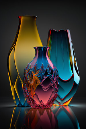 Colorful glass vase on black background. 3d illustration.の素材