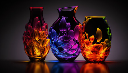 Colorful glass vases on a dark background. 3d renderingの素材
