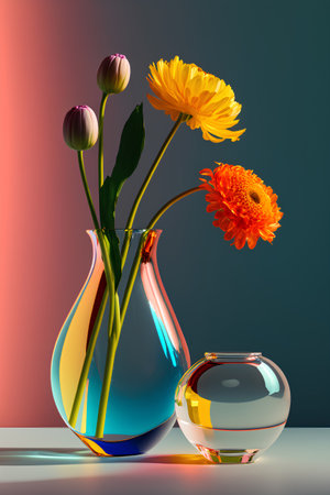 Still life with gerbera flowers in glass vase on blue backgroundの素材