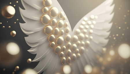 3d rendering of a white angel wings with golden spheres in itの素材