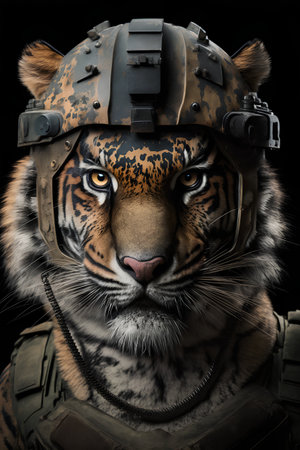 Portrait of a tiger in a military helmet on a black background.の素材