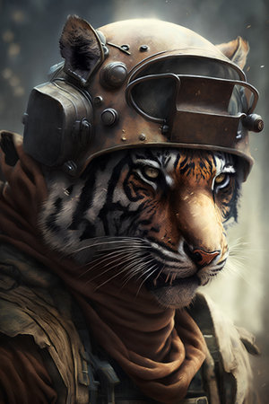 Portrait of a tiger in an aviator's helmet. Fantasy, imagination, fantasy.の素材