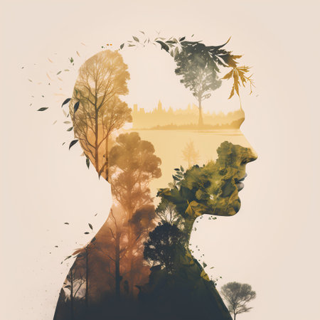 Double exposure of man and tree in the shape of human head.の素材