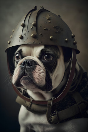 Portrait of a French bulldog in a helmet on a dark backgroundの素材