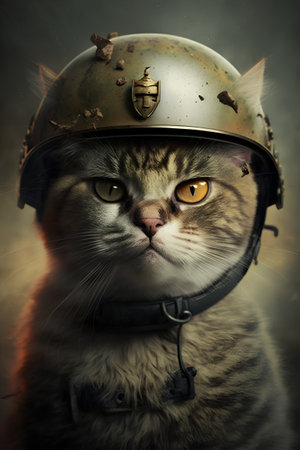 Portrait of a cat in a military helmet on a dark background.の素材