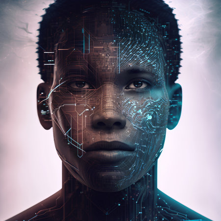Portrait of a futuristic African-American man with a digital brain.の素材