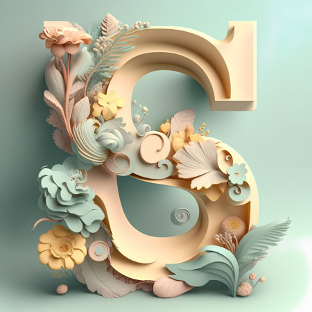 3d render of letter S with flowers and leaves in pastel colorsの素材