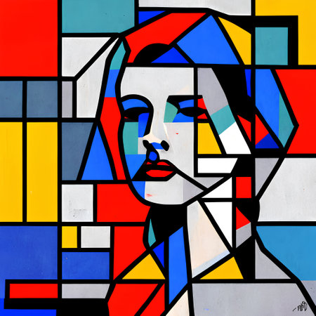 Colorful stained glass window with a portrait of a beautiful woman.の素材