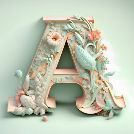 Alphabet letter A with floral decoration in pastel colors, 3d renderの素材