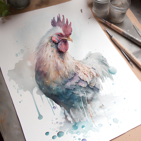Painting of a rooster on a table with watercolorsの素材