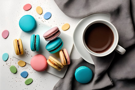 Colorful macaroons and cup of coffee on grey table, top viewの素材