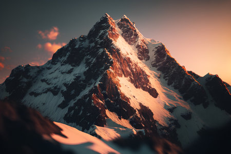 Beautiful mountain landscape with snow-capped peaks at sunset.の素材