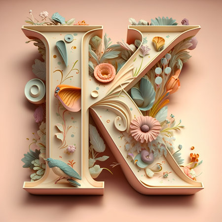Vintage letter K with floral ornament in pastel colors, 3d renderの素材