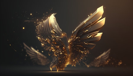 golden wings on a dark background. 3d rendering - illustrationの素材