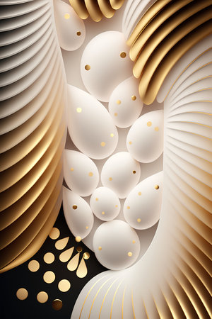 Abstract background with white eggs and golden lines. 3d illustration.の素材
