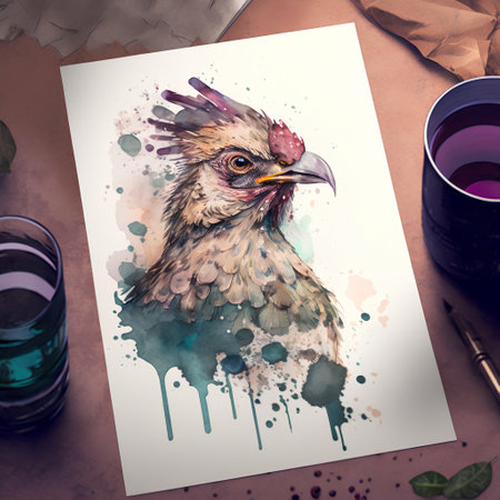 Watercolor painting of a rooster with watercolor splashes and a cup of coffeeの素材