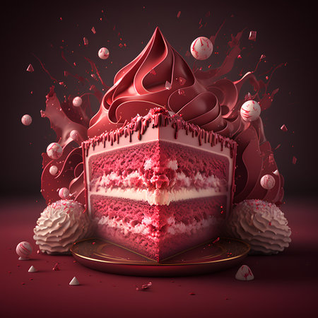 3d rendering of a piece of cake with a red cream fillingの素材