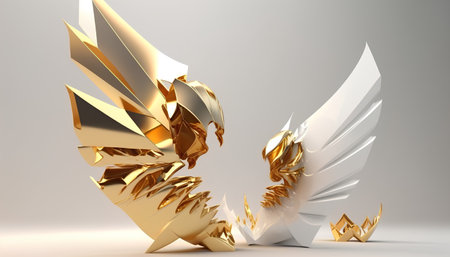 3d render of abstract background with golden and silver origami birdsの素材