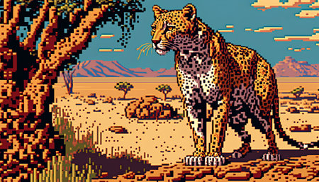 Pixelated leopard in the savannah. Pixelated graphics.の素材