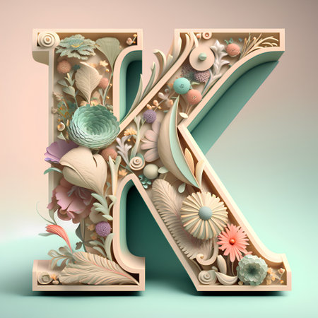 Alphabet letter K with floral decoration in pastel colors. 3d renderの素材