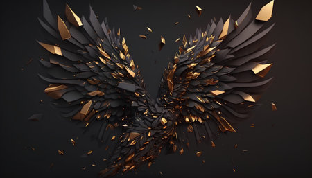 Abstract black and gold origami wings on dark background. 3d renderの素材