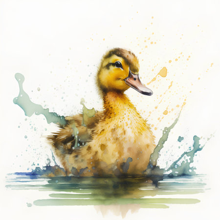 Watercolor illustration of a duckling with splashes on a white backgroundの素材