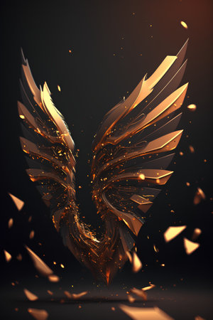 Golden wings on a dark background. 3d rendering, 3d illustration.の素材