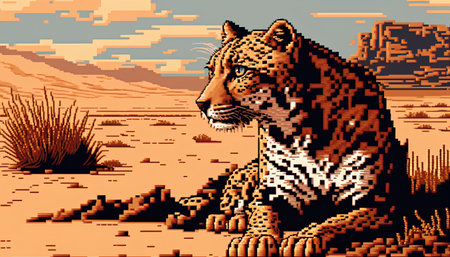Pixel art illustration of a cheetah in the middle of the desertの素材