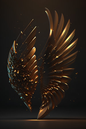 Abstract golden wings on dark background, 3d render, square imageの素材