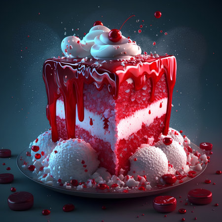 3d illustration of a red birthday cake with cream and cherry on topの素材