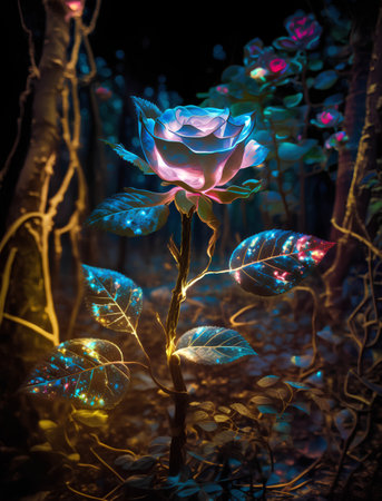Beautiful rose in the forest at night. 3d rendering.の素材