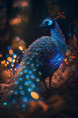 Beautiful peacock in the forest at night. 3d renderingの素材