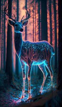 Deer in the forest at night. Colorful lights in the forest.の素材